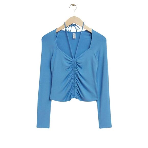& Other Stories ruched fitted drawstring neck gatherd long sleeve blue top Large - Picture 1 of 6
